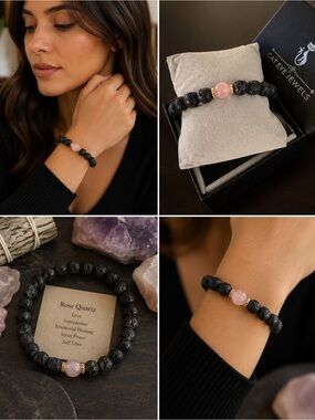 New Cat Eye Jewels Lava Stone Mood Charm Bracelet | Rose Quartz | Unisex